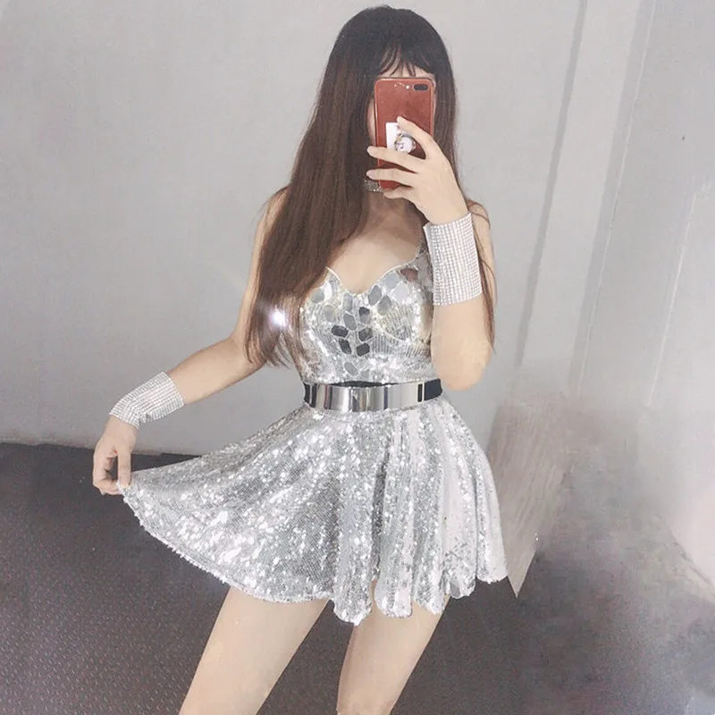 

Bar Nightclub Stage Performance Silver Mirror Sequin Sling Short Dress Dance Costume Women Singer Dancer Club Party Stage Wear