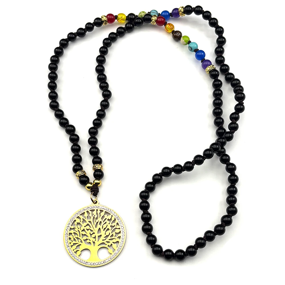 

Tree of Life Hindu Yoga 7 Chakra Rhinestones Pendant Stainless Steel 108 Glass Beads Chain Necklace Women Men Gold Color Jewelry