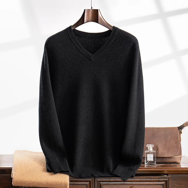 Autumn and winter new 100% cashmere men's V-neck sweater loose fashion pullover slim warm knit solid color long sleeve top