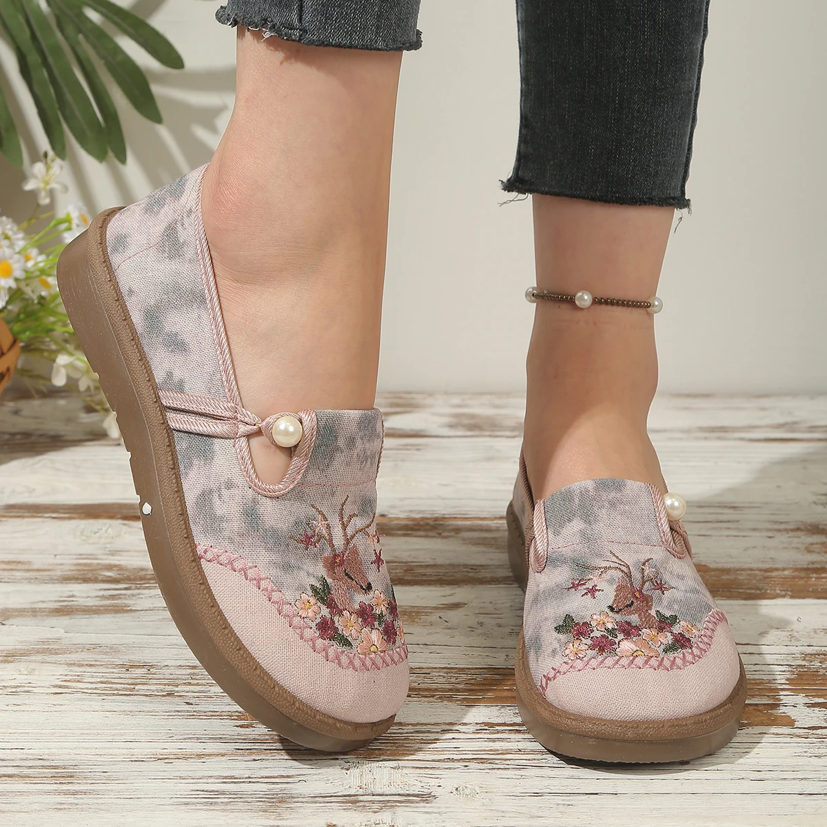 

Женские кеды в китайском стиле с вышивкой, элегантные слипоны с жемчужным декором, дышащие этнические туфли без каблука, винтажные повседневные лоферы