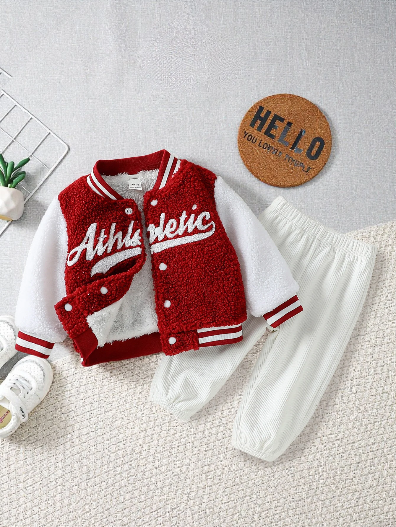 2Pcs 2025 New Baby Girls Clothes Plush Jacket Coat Infant Tops With Letter Winter Warm & Solid Pant Set For 1-3Y Casual Fashion