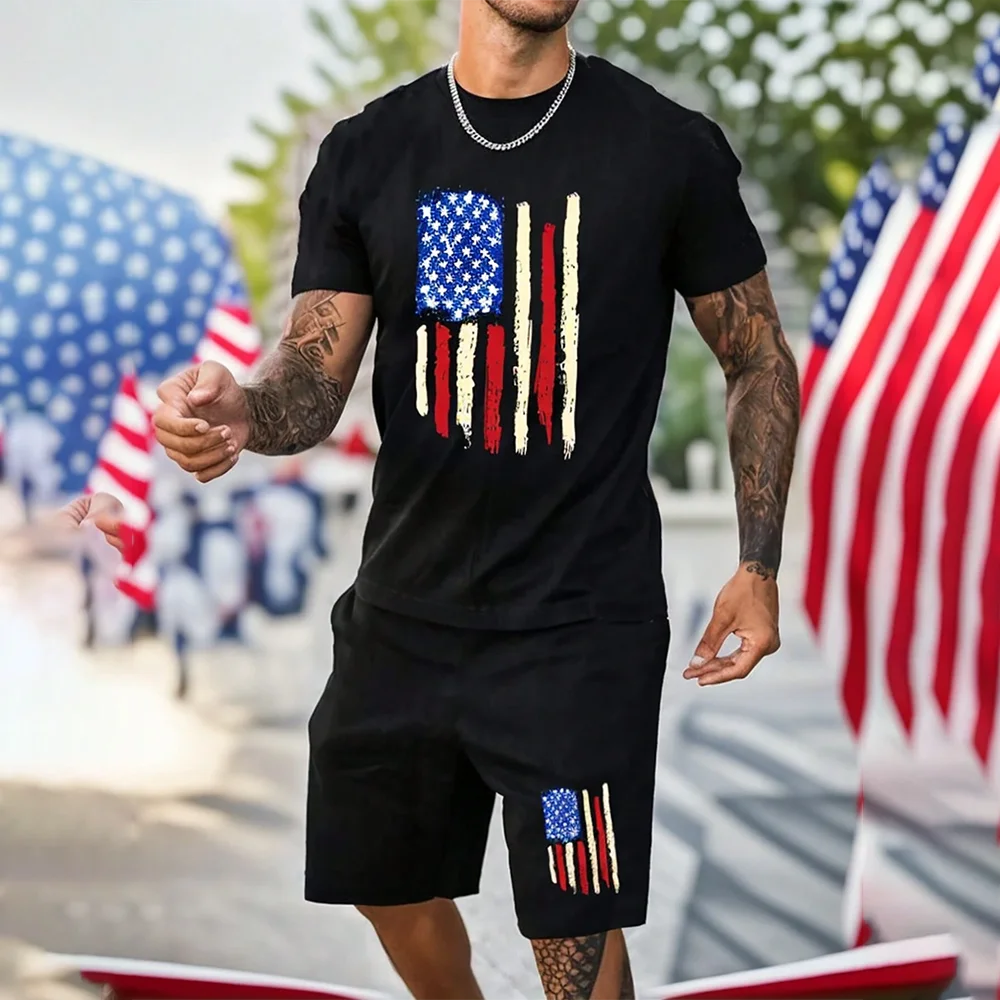 Men\'s Outdoor Print Shorts 2Pcs Sets 3D Print Two Piece Suit O-neck T shirt Fashion Male Sweatshirt Clothes