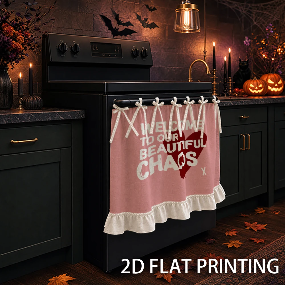 1PC Kitchen Curtain-Cabinet Curtain-Apron. Printed with hearts and text. Can be used as a stove curtain, oven curtain, or kitche