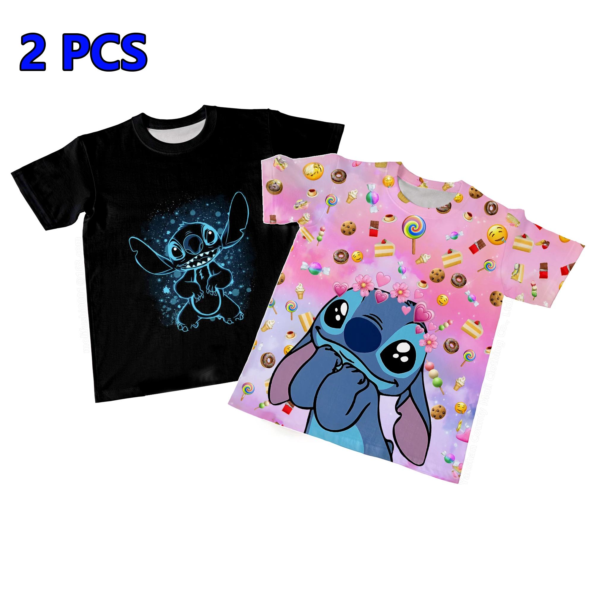 2-delig Disney Stitch T-shirt voor kinderen Cartoon 3D-bedrukte korte mouw Meisjes Leuke top Jongens Veelzijdige vrijetijdskleding Mooie T-shirts