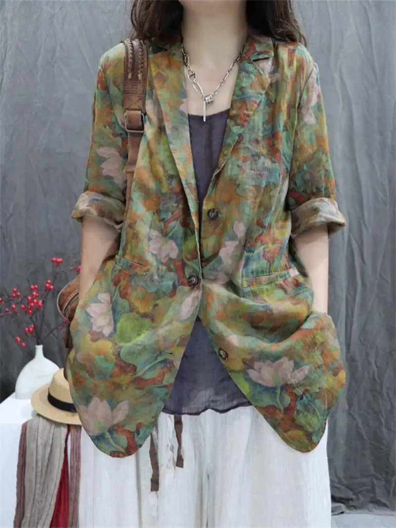 

Women's Retro Western Print Ramie Suit Jacket - Summer Loose Fit Long Sleeve Blouse, Casual Versatile Top G229