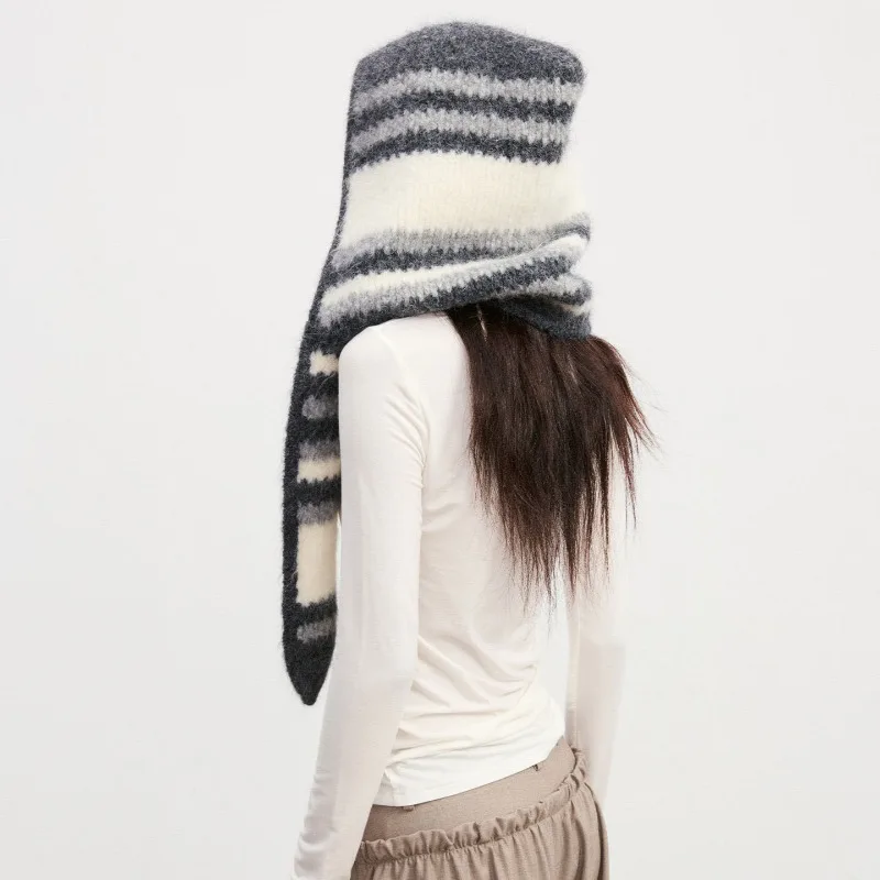 Winter-Wärmeschal mit Ohrenschutz, Nackenwärmer, einteilige Balaclava-Mütze, farblich abgesetzte gestreifte Pullover-Strickmütze für Damen. – Detail 4