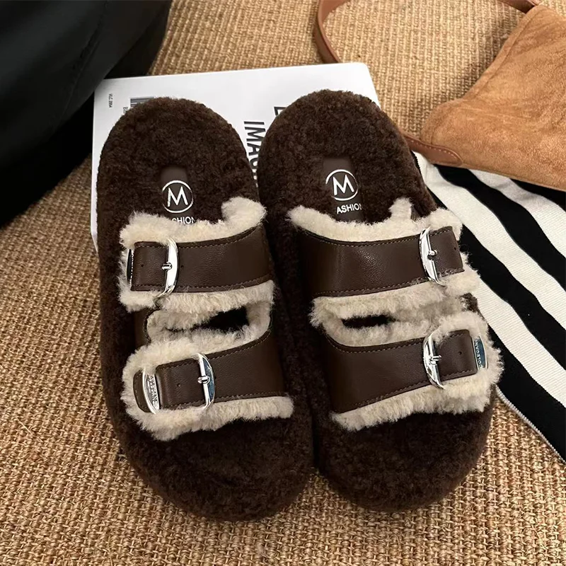 

Fur Flats Women Cotton Slippers Platform Casual Short Plush Shoes 2025 Winter Home Flip Flops New Fad Comfort Snow Mujer Botas