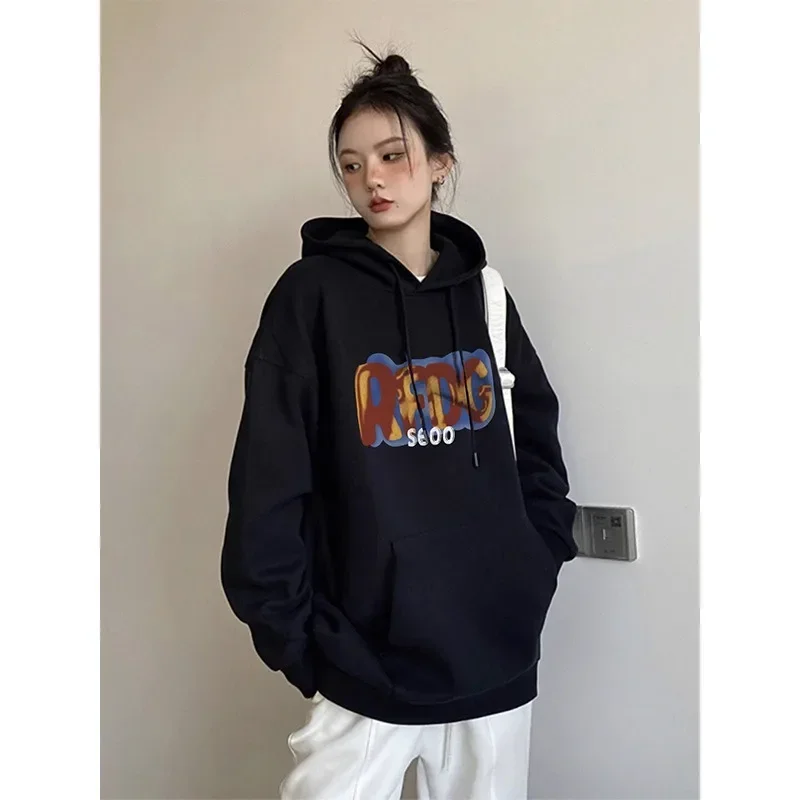 Zwart Dikker Hoodies Vrouwen Brief Gedrukt Esthetische Fleece Hoody Herfst Winter Oversized Harajuku Y2k Tops