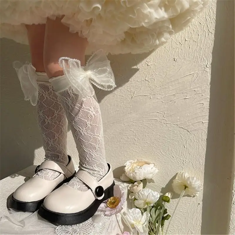 195E Kids Girls Korean Elegant Hollowed Lace Long Socks Pearl Beaded Trim Bowknot School Uniform Over Calf Sock