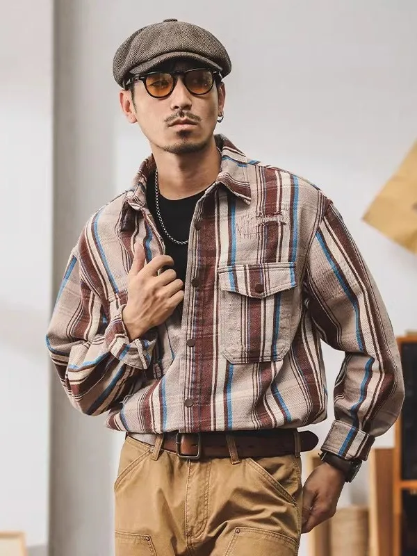 

Loose Fit Pure Cotton Men's irt Casual Stripe Pattern Spring Autumn New Sle American Retro Sle Breathable Long Sve S...