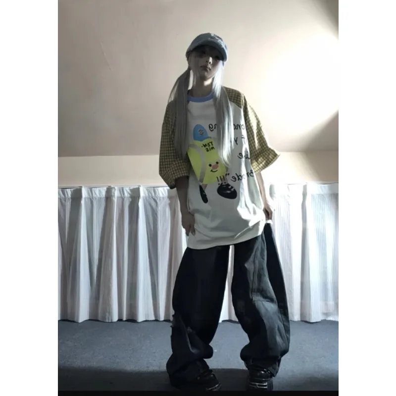 T-shirt à manches courtes et col rond pour femmes, mignon, imprimé de dessin animé de tennis, épissage, séchage rapide, marque tendance, ample, haut décontracté