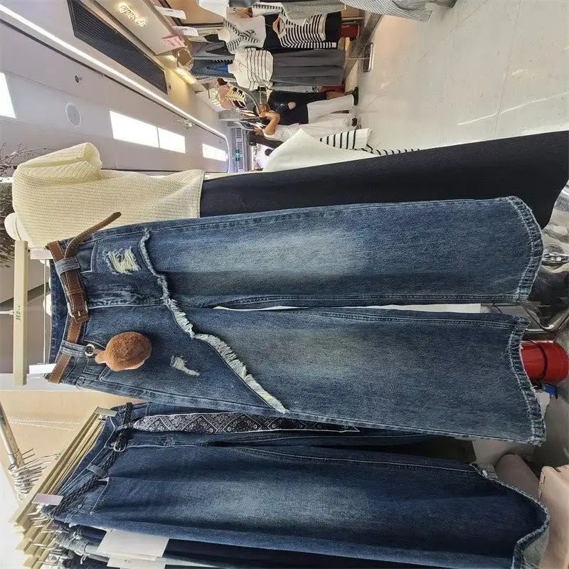 

Весенне-осенние новые корейские джинсы с высокой талией, широкие брюки, женские грубые свободные прямые ковбойские брюки с краями, женские брюки