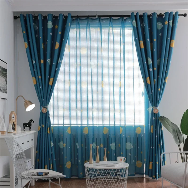 Modern Cartoon Blue Planet Embroidery Tulle For Boy Room Kids Room Cute Starry Sky Star Curtains For Living Room Decor Screen