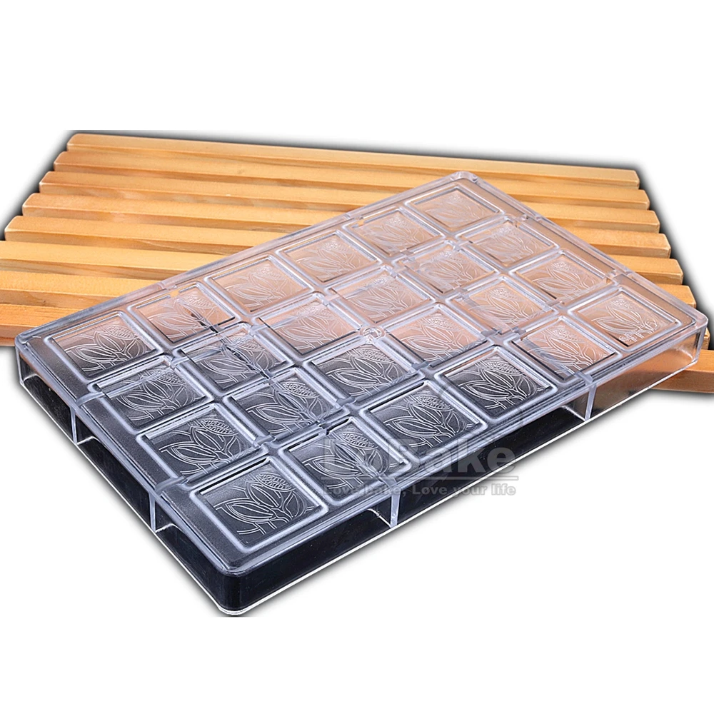 24 Cavities Thin Square Cube with Flower Grass Pattern PC Polycarbonate Chocolate Mold Ice Molds Candy Making DIY Baking Tools