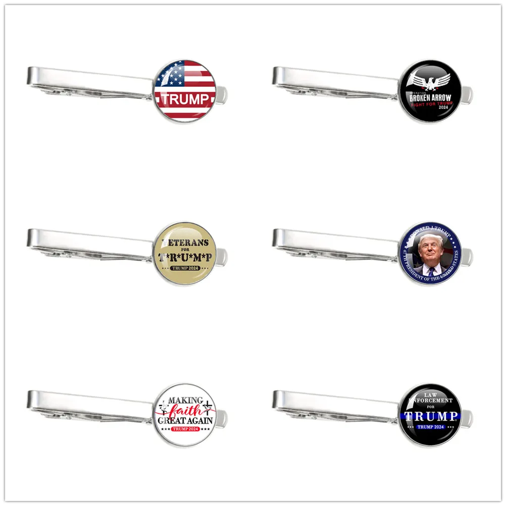 Trump 2024 Flag Tie Clips Save America Again Creative Pattern Glass Cabochon Tie Clips Men Shirt Jewelry Gift