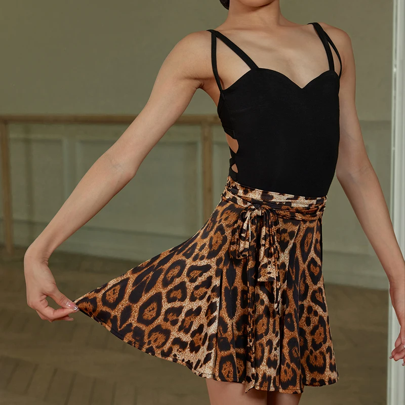 Kids Latin Dance Clothes Girls Lace-Up Hip Scarf Leopard Black Skirt Cha Cha Rumba Samba Dance Training Practice Wear DNV18551