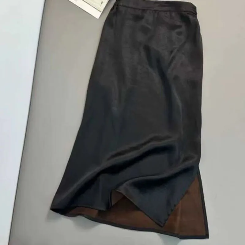 Spódnica midi z wysokim stanem, satynowa, w stylu vintage, z rozcięciem, damska, na wiosnę i jesień, luźna, jednolita, szara, codzienna, dopasowana, podkreślająca biodra.