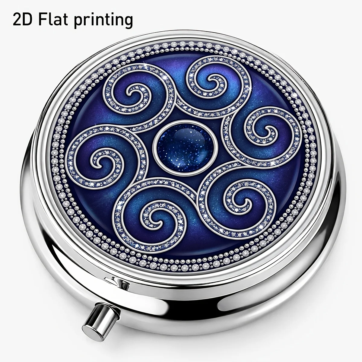 Single pack, flat print, circular metal box with swirl gemstone pattern, elegant gemstone style, three-compartment portable storage box, sized container for small items, supplements, medicines, and vitamins, with