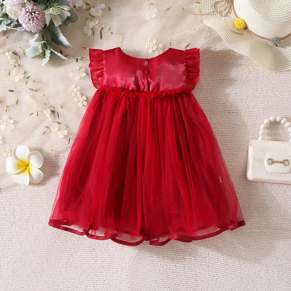 Girls Spring Dress New Korean Version Bow Small Flying Sleeves Baby Red Tank Top Skirt Sleeveless Spliced Mesh Princess Dress