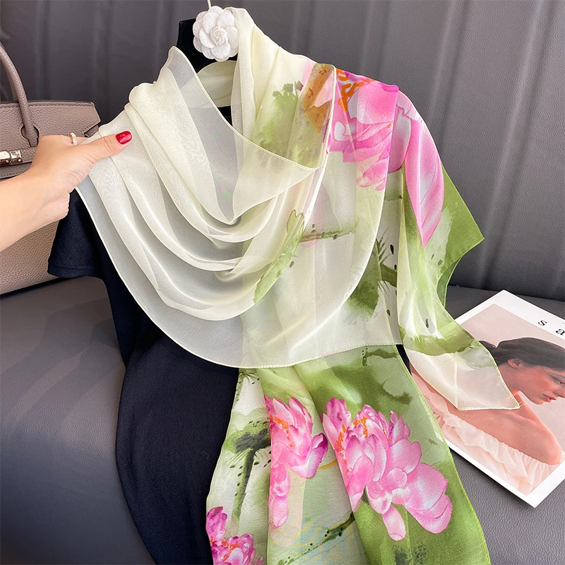 Luxury Brand Women Beach Scarf Georgette Silk Shawls Design Print Headband Female Summer Headband Wraps Sunscreen Hijab 2023