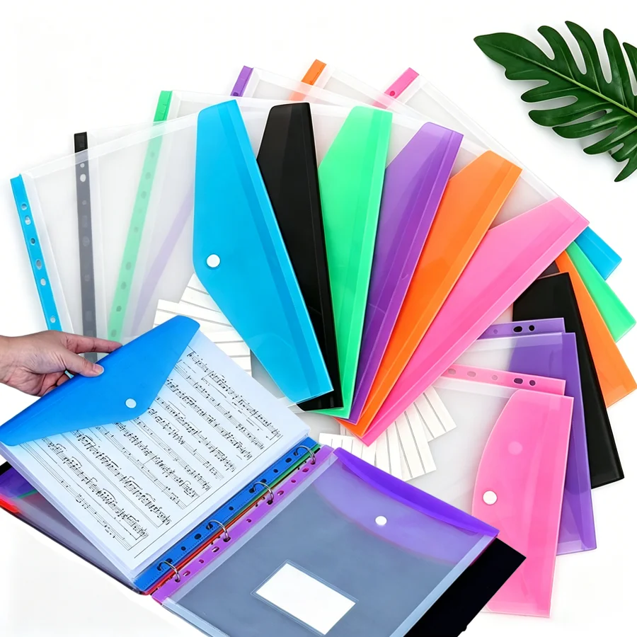 

15pcs Plastic Document Pockets, A4 Transparent Binder Pouches with Snap Button, 11 Holes, Office & School Paper Organizer XJM