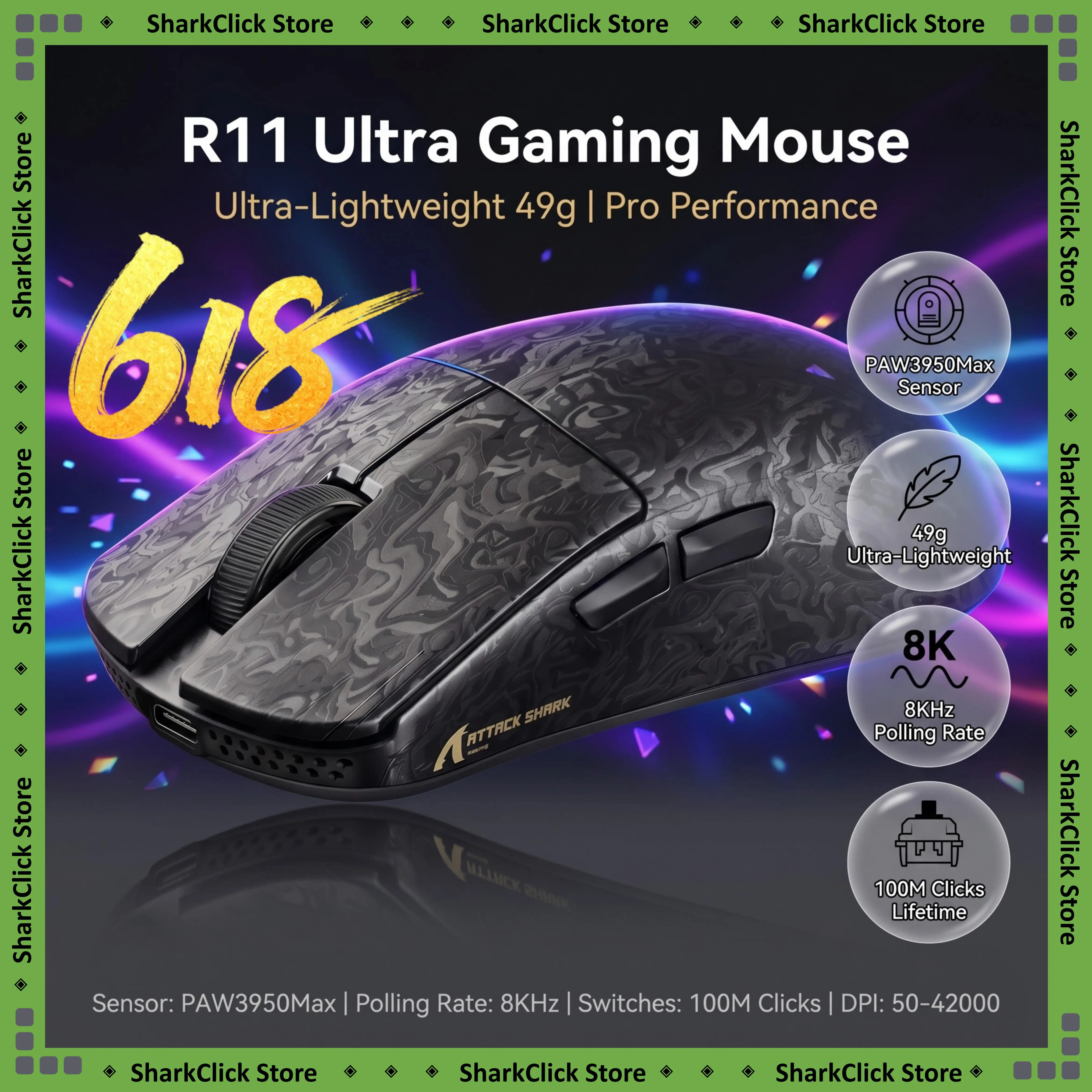 

ATTACK SHARK R11 ULTRA Tri-Mode Gaming Mouse Carbon Fiber 49g±3g PAW3950MAX Sensor Nordic 52840 42000DPI Wireless 8KHz