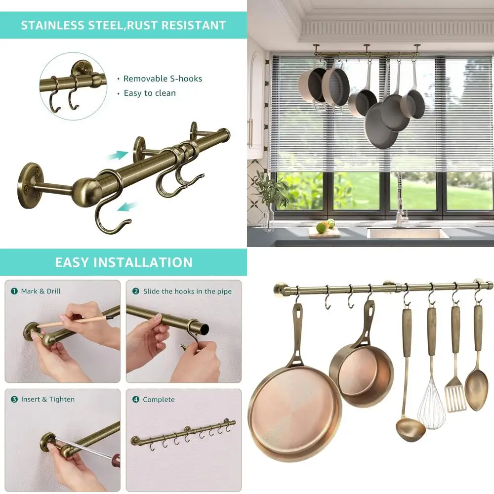 

Wall-Mounted Hanging Pot Rack, 23.7 Inch, 8 Hooks, Heavy Duty, Antique Brass Finish