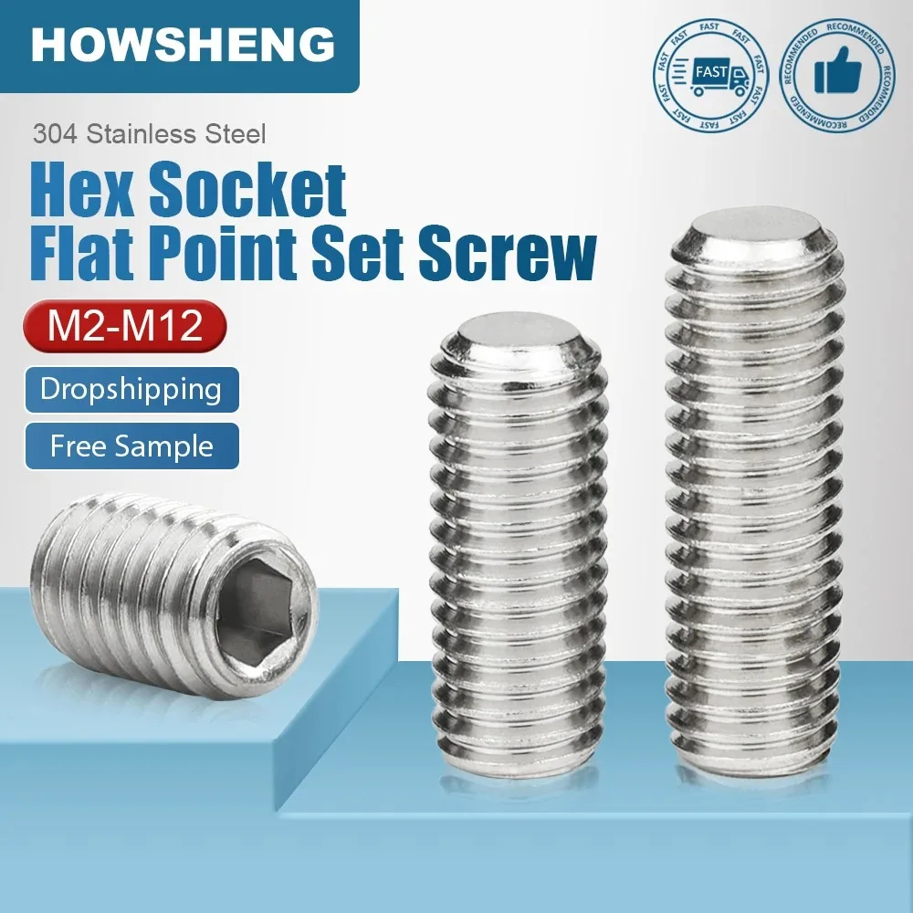 HOWSHENG 1-50pcs 304 Steel Hex Socket Set Screws with Flat Point M1.6 M2 M2.5 M3 M4 M5 M6-M16 Allen Grub Headless Screw DIN913