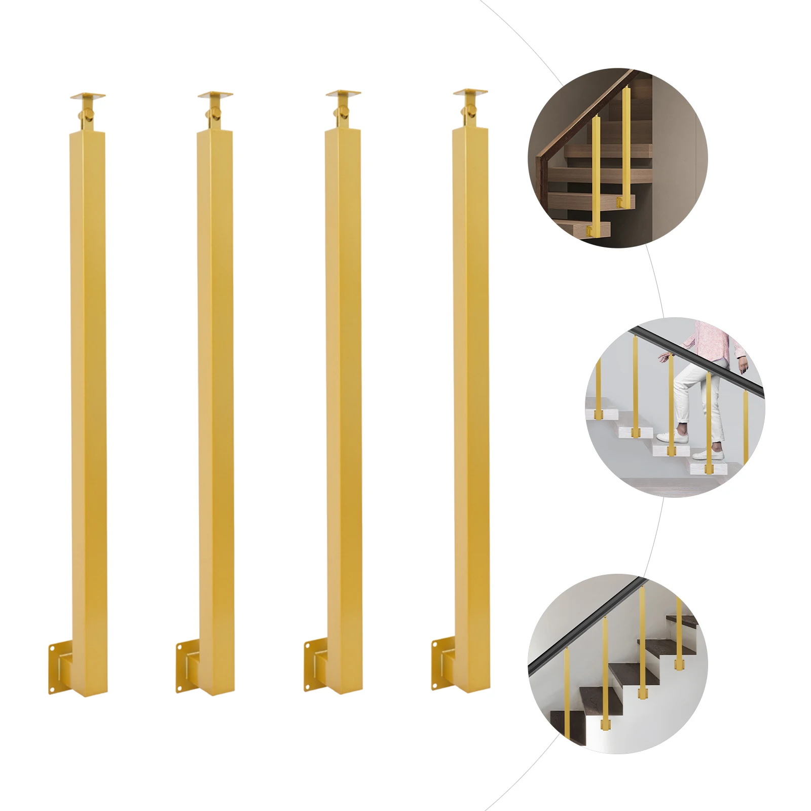 Gold Set of 4 Rustproof Steel Square Stair Baluster Posts Anti Tilt Stable Base Modern Decorative Railing for Villa Deck Garden Stairs Handrail Safety