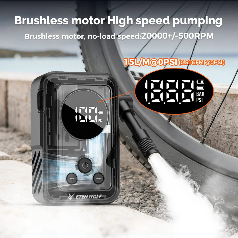 New ETENWOLF S0 Digital Display & Rapid Inflation, 150PSI Cordless Air Pump with 2400mAh Battery for Bikes, Car Tires, Balls
