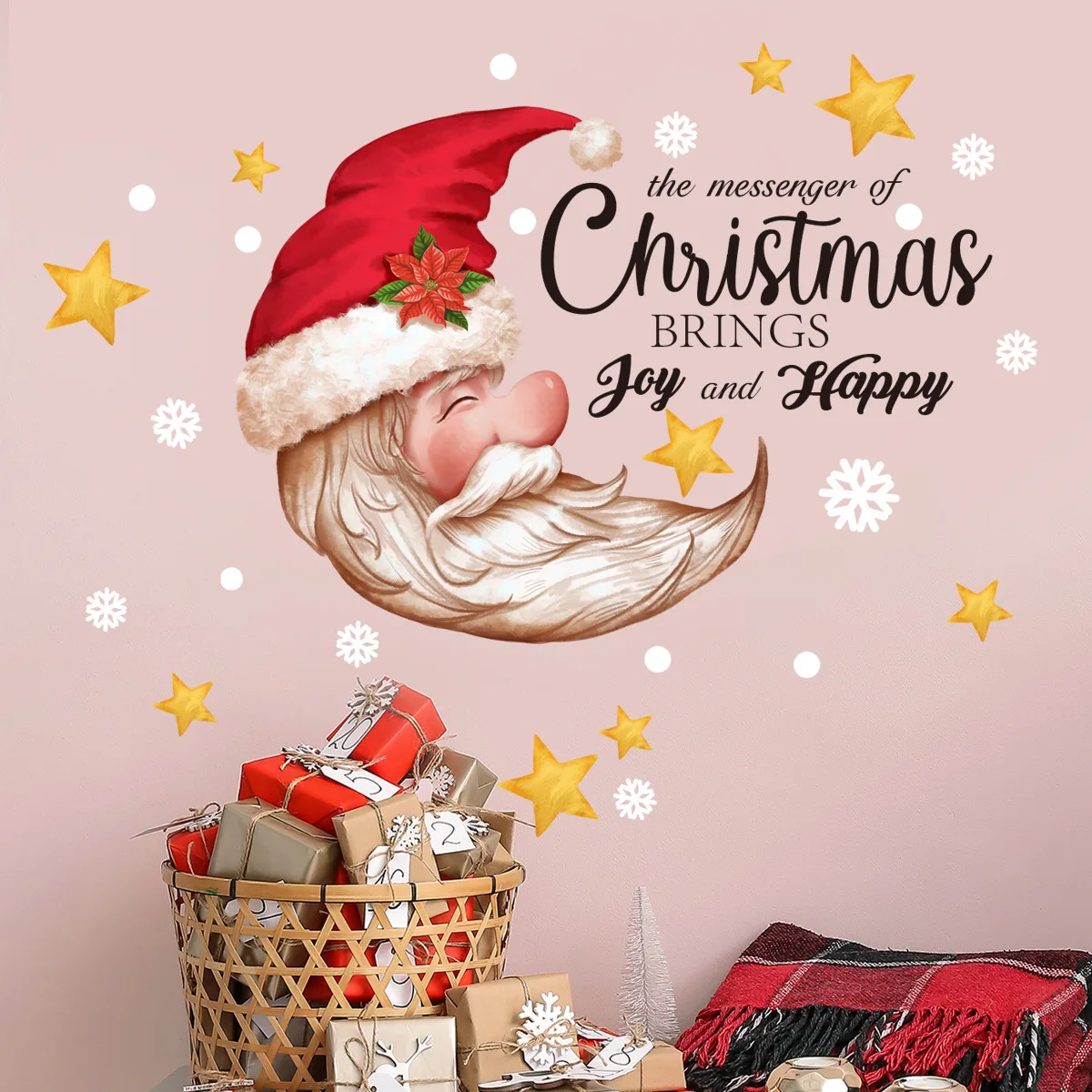 Moon Santa Claus Christmas Wall Stickers English Slogan Christmas Brings Joy And Happy Wall Stickers Self-adhesive