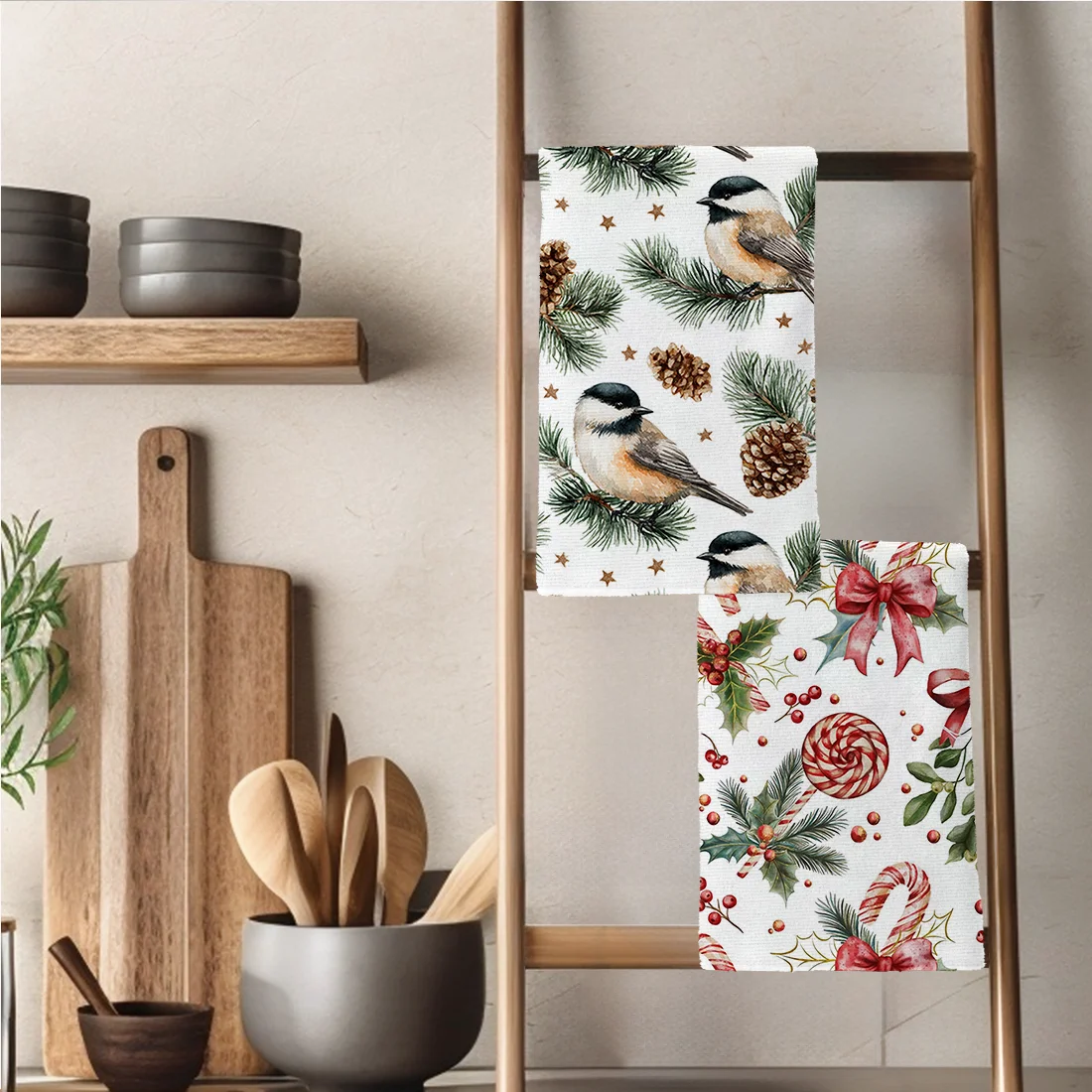 

2PCS Christmas Candy Cane Brids Kitchen Towels Dish Towel Dish Cloths Holiday Dry Cloth for Kitchen Christmas Decoration 40x60cm