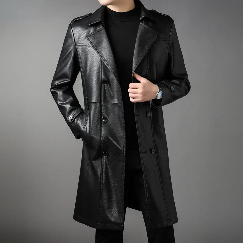 Genuine Leather Jacket Men Mid-length Windbreaker Autumn Winter Casual Leather Jackets Suit Collar Double-breasted Coats Jaqueta