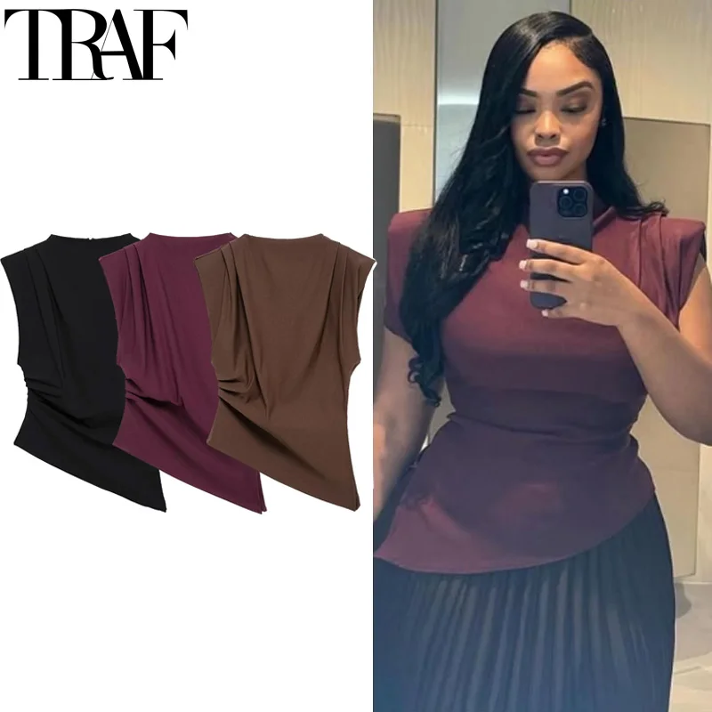 TRAF New Womens Tops Sleeveless Red Black Blouse Woman Summer Ruched Asymmetrical Top Women Slim Fit Brown Stylish Women's Top