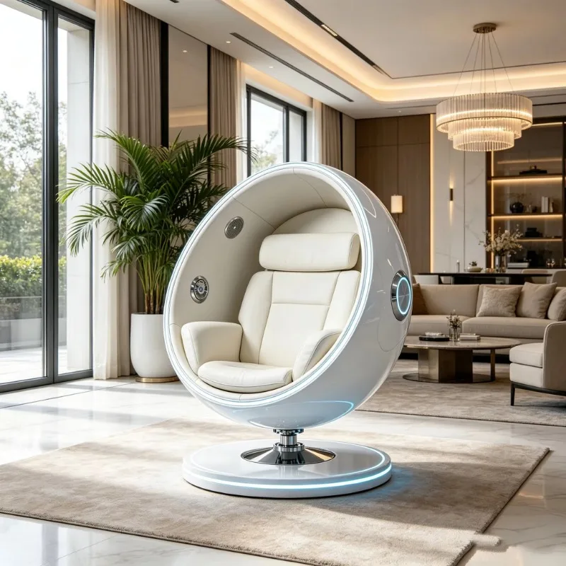 Futuristic fiberglass egg-shaped lounge chair, fixed metal base, LED light, Bluetooth speaker, smart single sofa chair