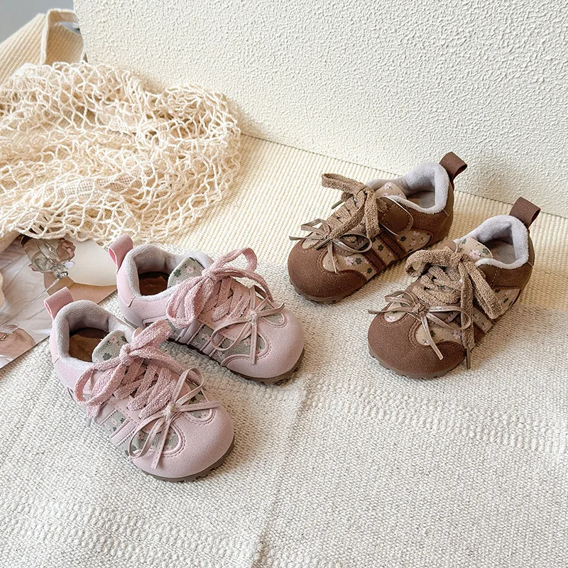 

Детская повседневная обувь, кроссовки, зимняя обувь из искусственной кожи с принтом для девочек, теплая розовая коричневая обувь с нескользящей мягкой подошвой, размер 23-33