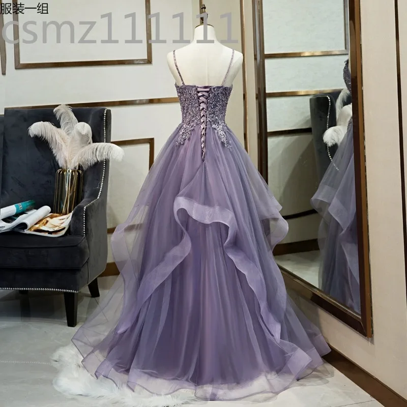 High-end banquet evening dress dress female purple suspender high-end vocal art test Sen series color yarn fairy yarn skirt host