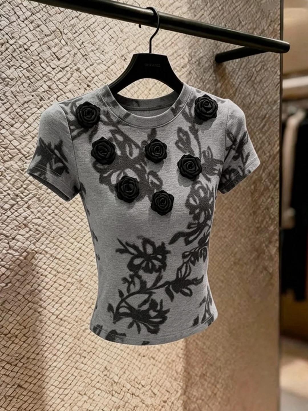 Korean Style Short Sleeve T-Shirt Women's Summer New Flower Print Atmosphere Top Skin Breathable Knitted Bubble Sleeve Square...