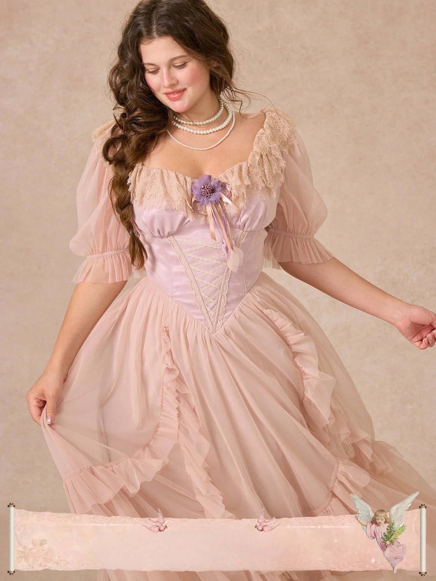 

Large Size Women's Purple Fibone Lace Dr Spring Summer Long French Sle Princ Dr Lantern Sve mid Waist A-Line ...