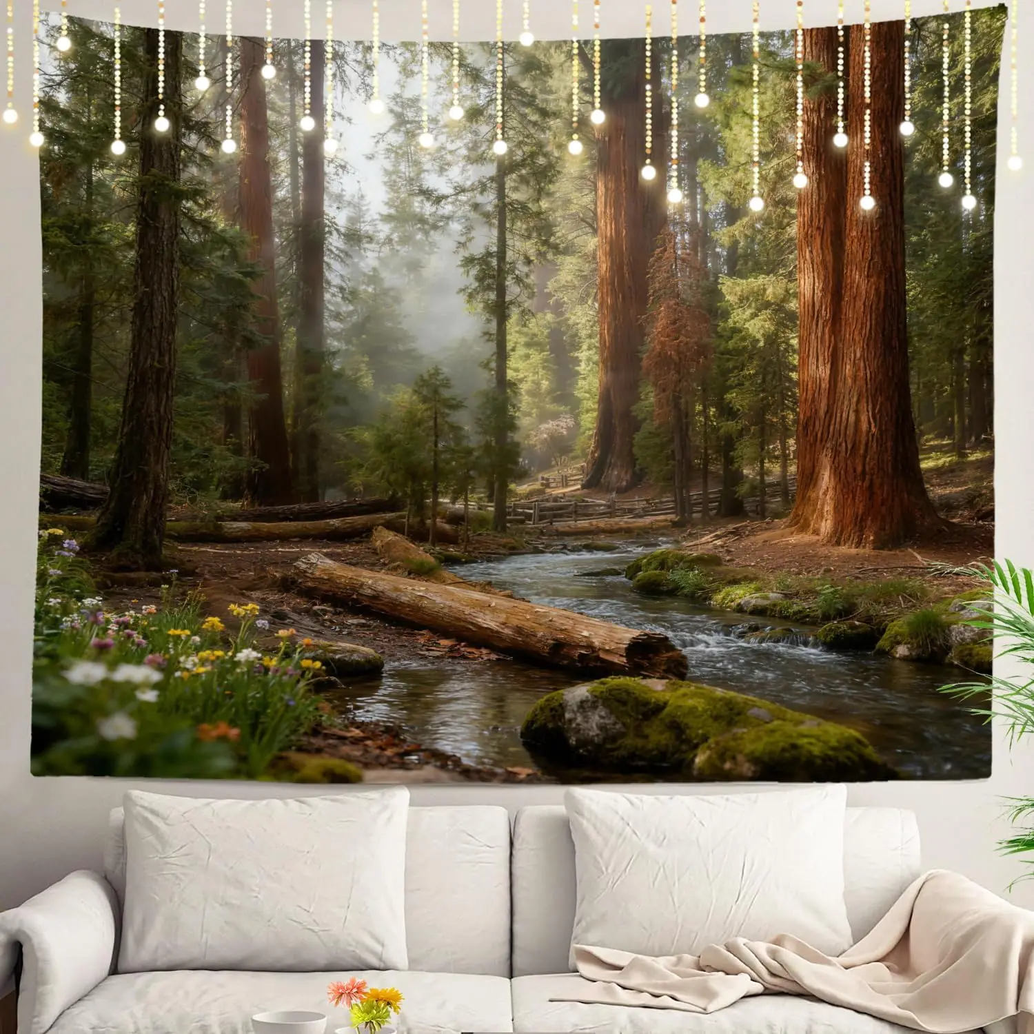 Autumn Tree California Green Wall Tapestry, Redwood Trees Sequoia National Park Wall Hanging Large Tapestry Decorations Bedroom