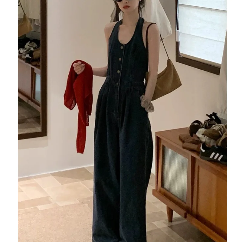Soft Korean-style Retro Hong Kong-style Slimming Neck-wrap Denim Suspenders One-piece Pants for Women, New Style Long Pants