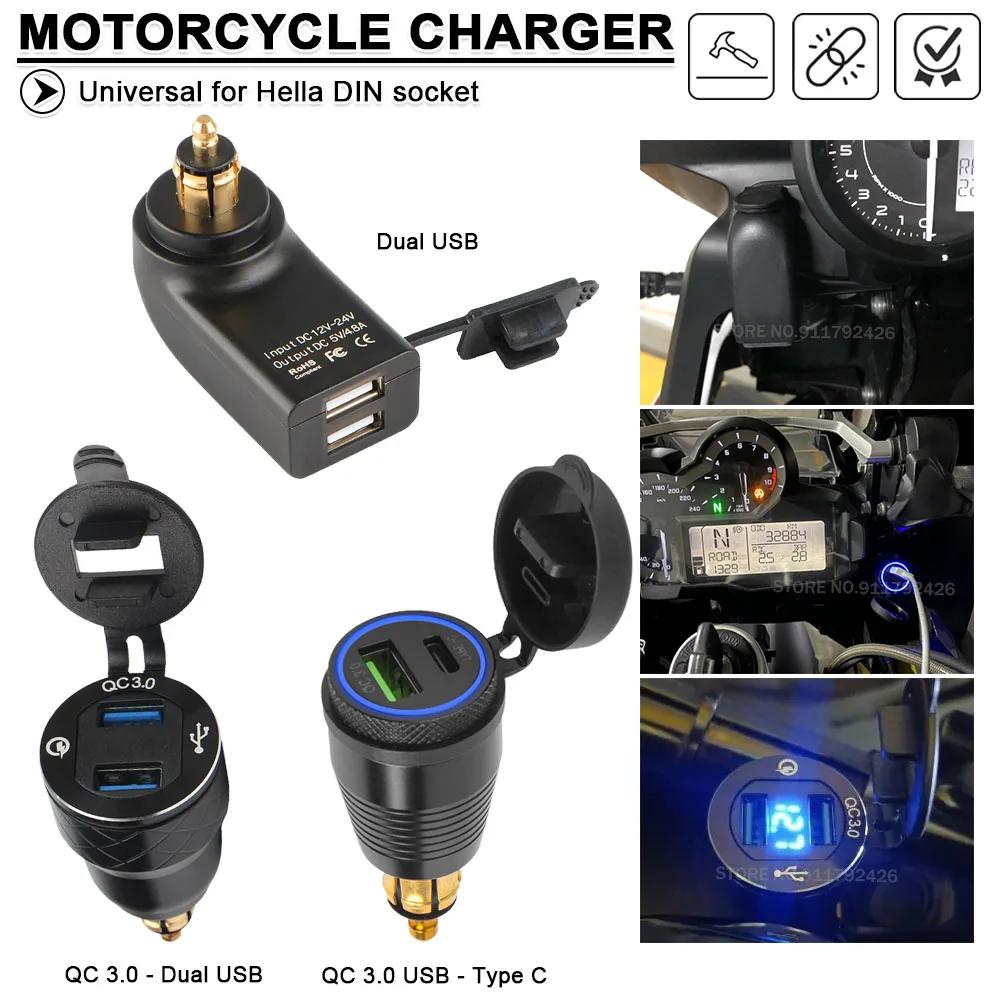 Motorcycle USB Charger DIN Hella Socket QC3.0 Charge Adapter For BMW G310R G310GS R1200GS R1250GS  K1200LT/GT F800GT F900R/XR