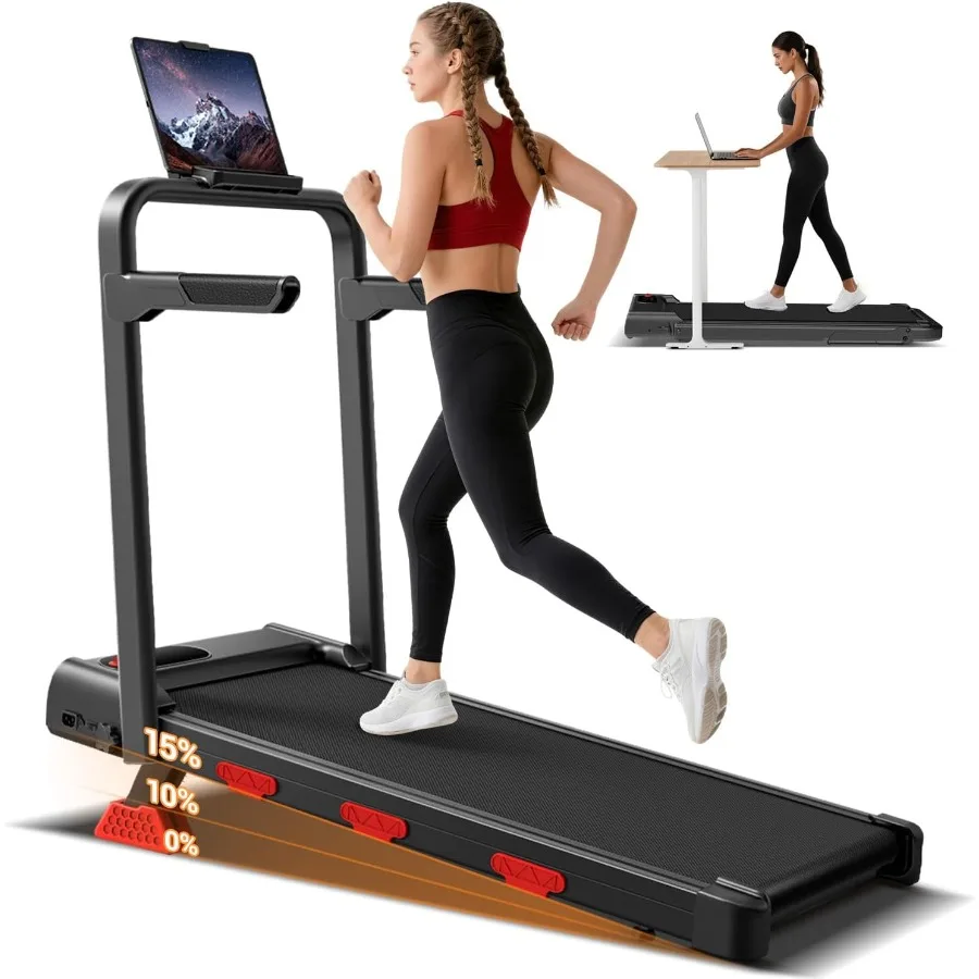 Home use walking pad treadmill with 15 incline, aluminum frame, black color, compact foldable design for small spaces