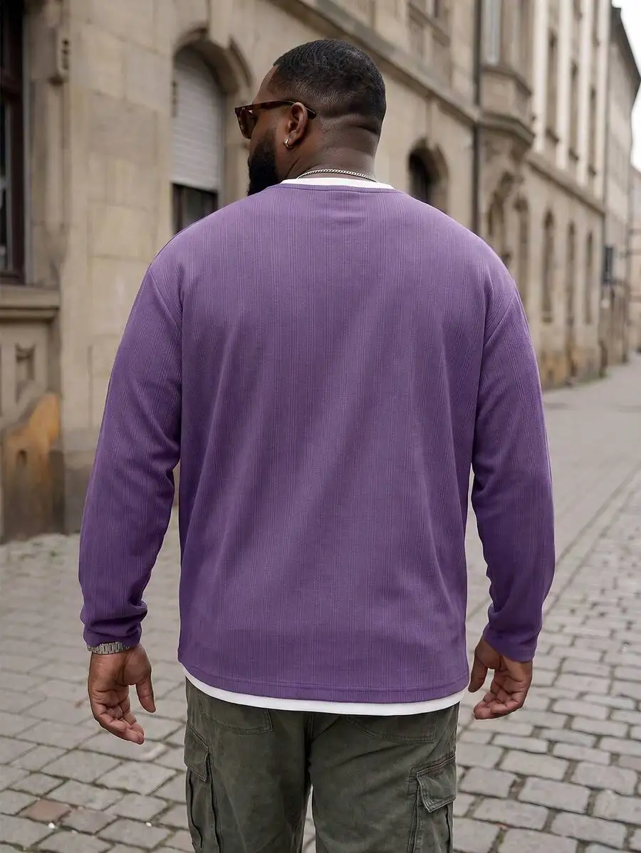 Plus Size Men's 2 In 1 Small V-Neck Long Sleeve T-Shirt Vertical Ribbed Texture Loose Casual Top