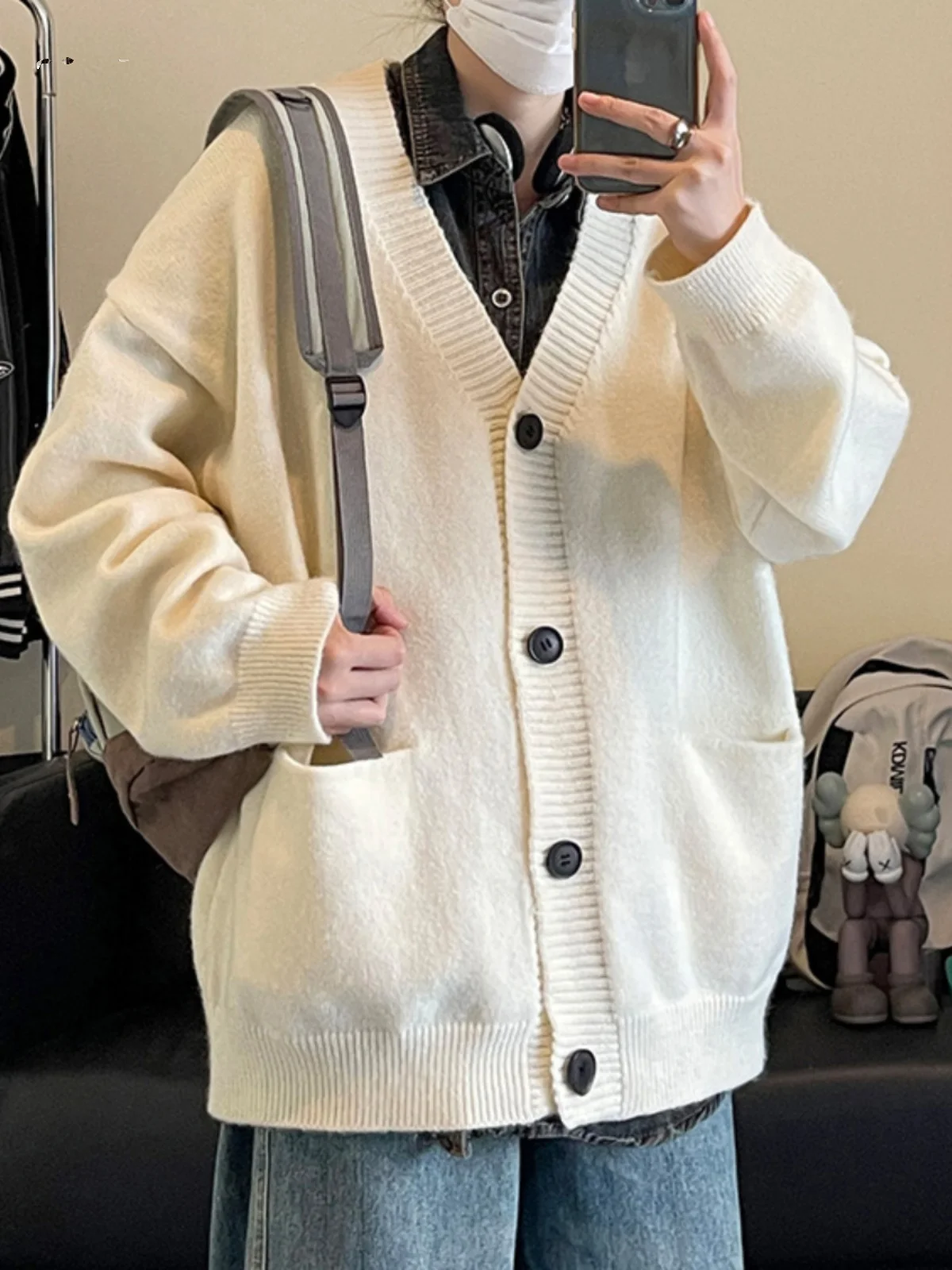 

Мужской вязаный кардиган Lazy V-Ne для весны и осени, модный, свободный, в университетском стиле, с длинными рукавами, повседневный, цветной свитер