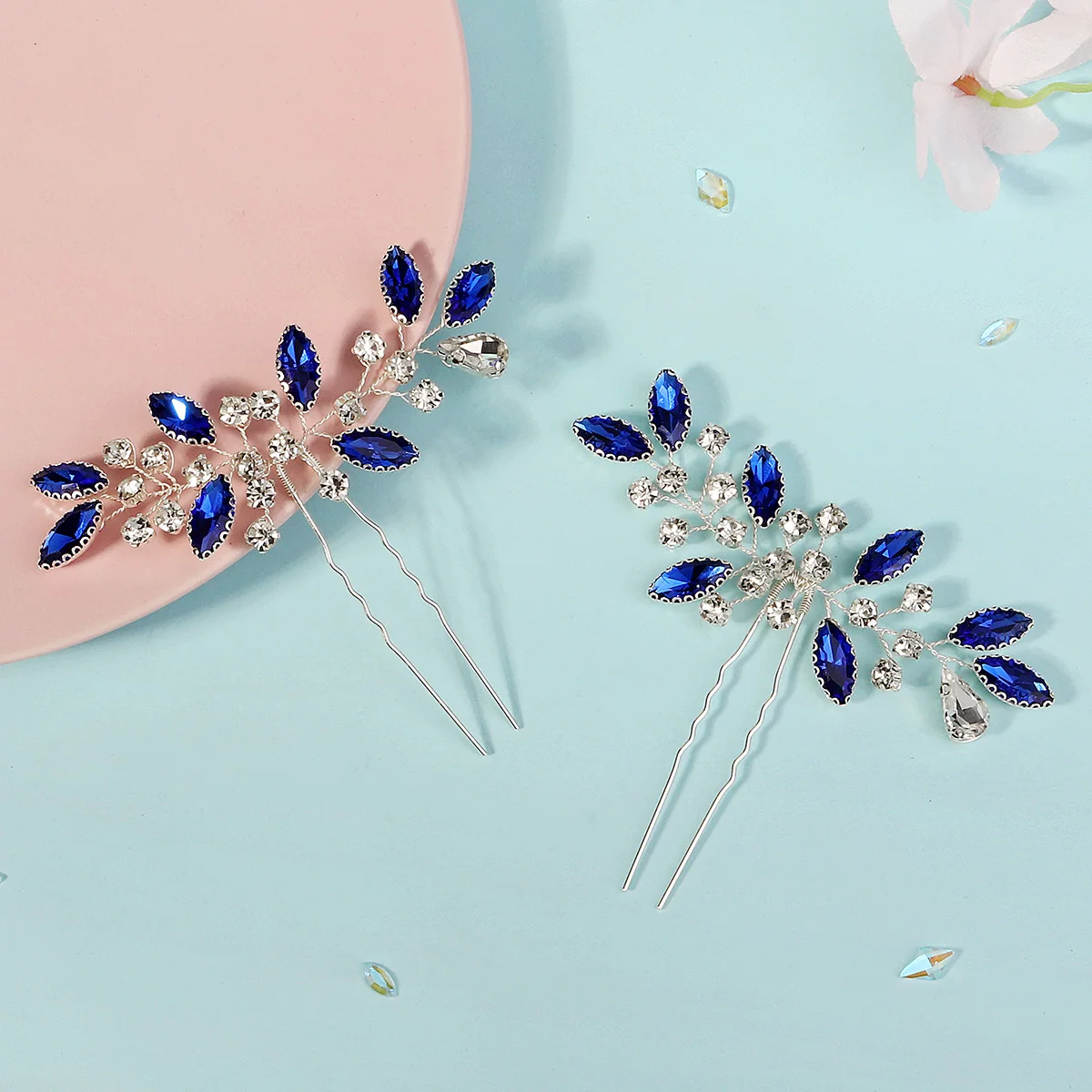 2PK/Set Romantic Blue Handmade Hairpin Luxury Rhinestone Unique Women's Hair Accessory Wedding Bridal Headwear