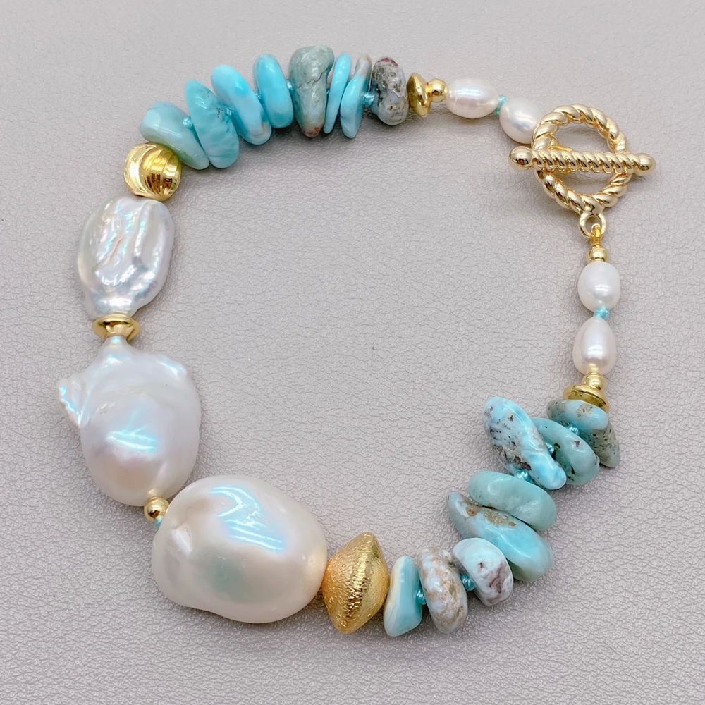 

KKGEM Natural freeform Blue jasper White Nucleated Flameball Baroque Pearl Keshi Pearl Bracelet Necklace Set