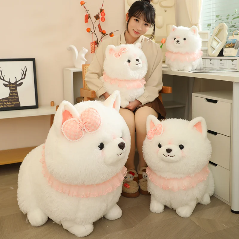 31~52cm White Female Pomeranian Dog Puppy Plush Toy Stuffed Standing Fluffy Cartoon Animal Plushie Peluche Birthday Present