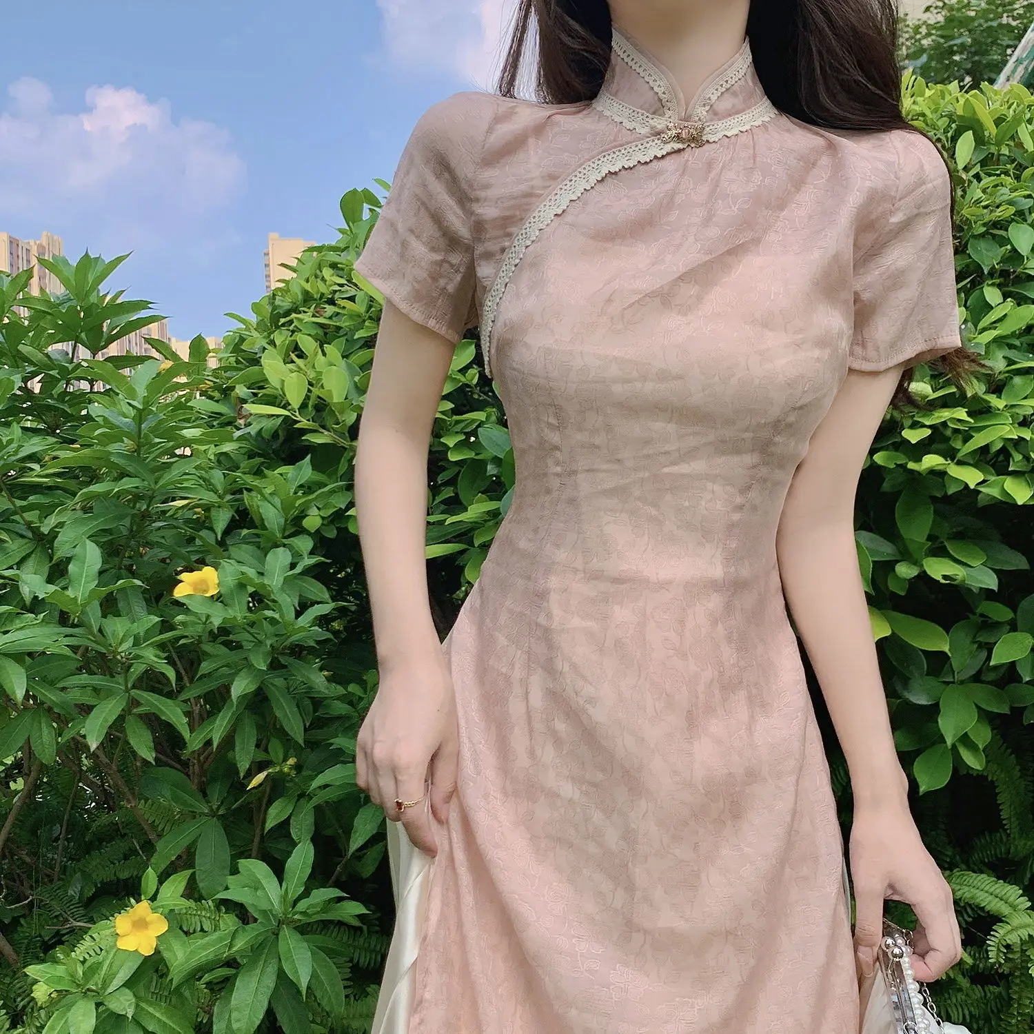 

Pink cheongsam dress gentle style high-end young girl fairy Elegant temperament Qipao Daily fairy 2022 new