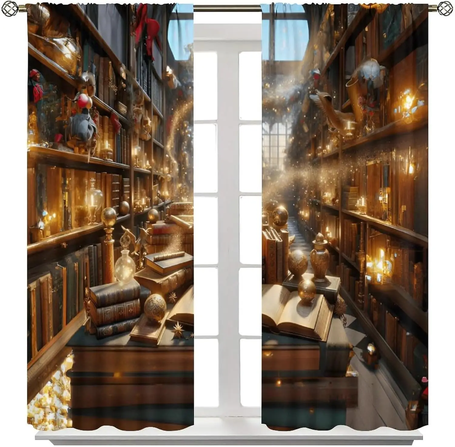 Magical Wizarding Library Curtains, Retro Mid Century Books Bookshelf Fantastic Window Treatment for Bedroom Living Room Office